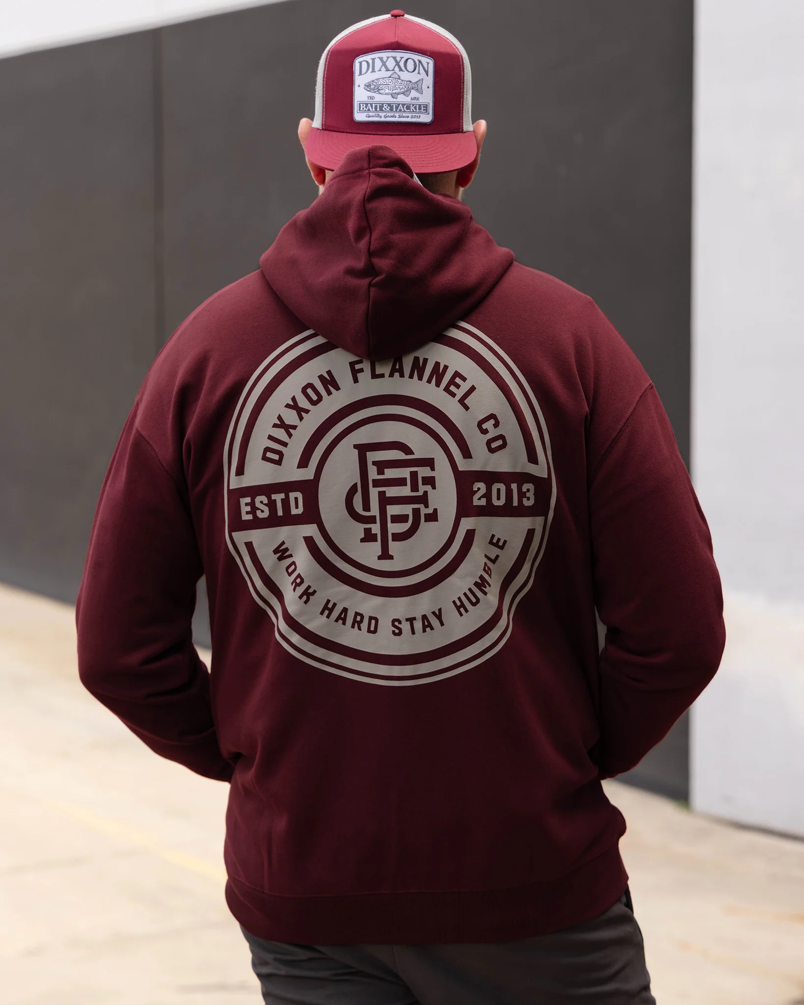 GREY WORK HARD BADGE ZIP HOODIE MAROON - MENS - Image 4