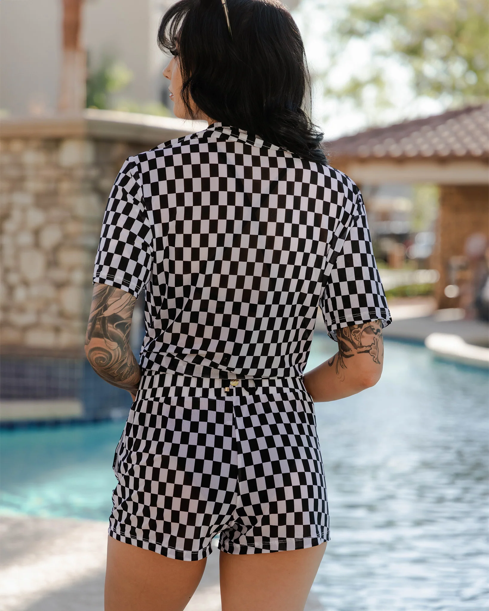 WOMENS MESH COVER UP SHORTS - CHECKERED - Image 3